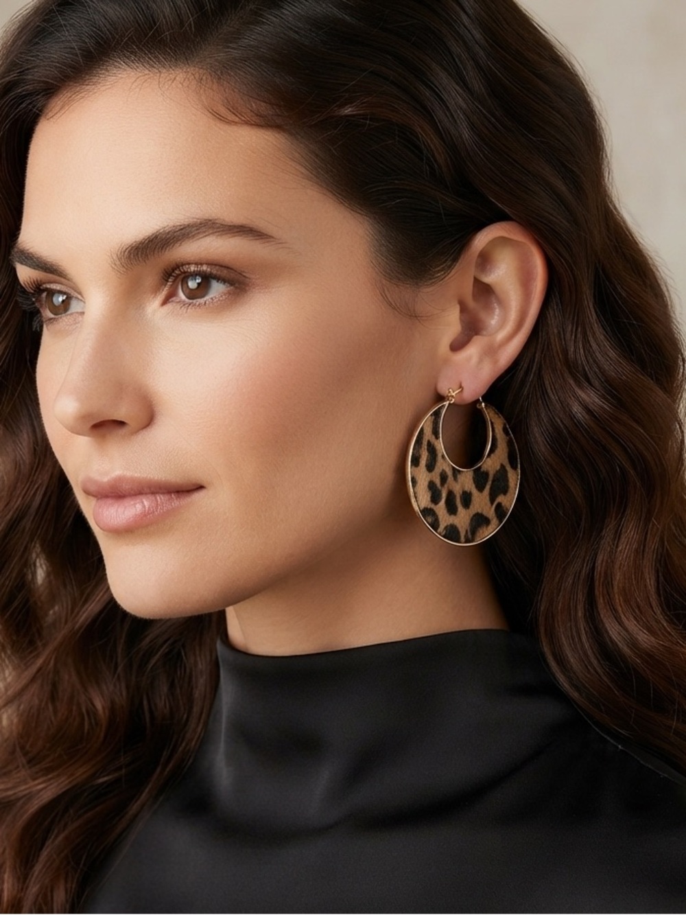 NWT NICOLE MILLER Leopard Print Hoop Earrings - Brown Gold Accent
